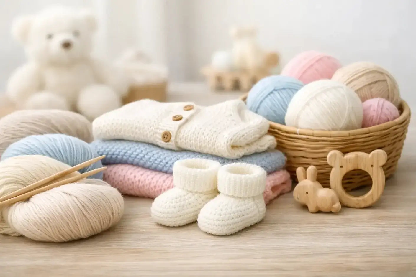 Cómo elegir una lana hipoalergénica para tejer ropa de bebé - Una mesa con varias prendas d ebebé tejidas y al lado un cesto con ovillos de lanas