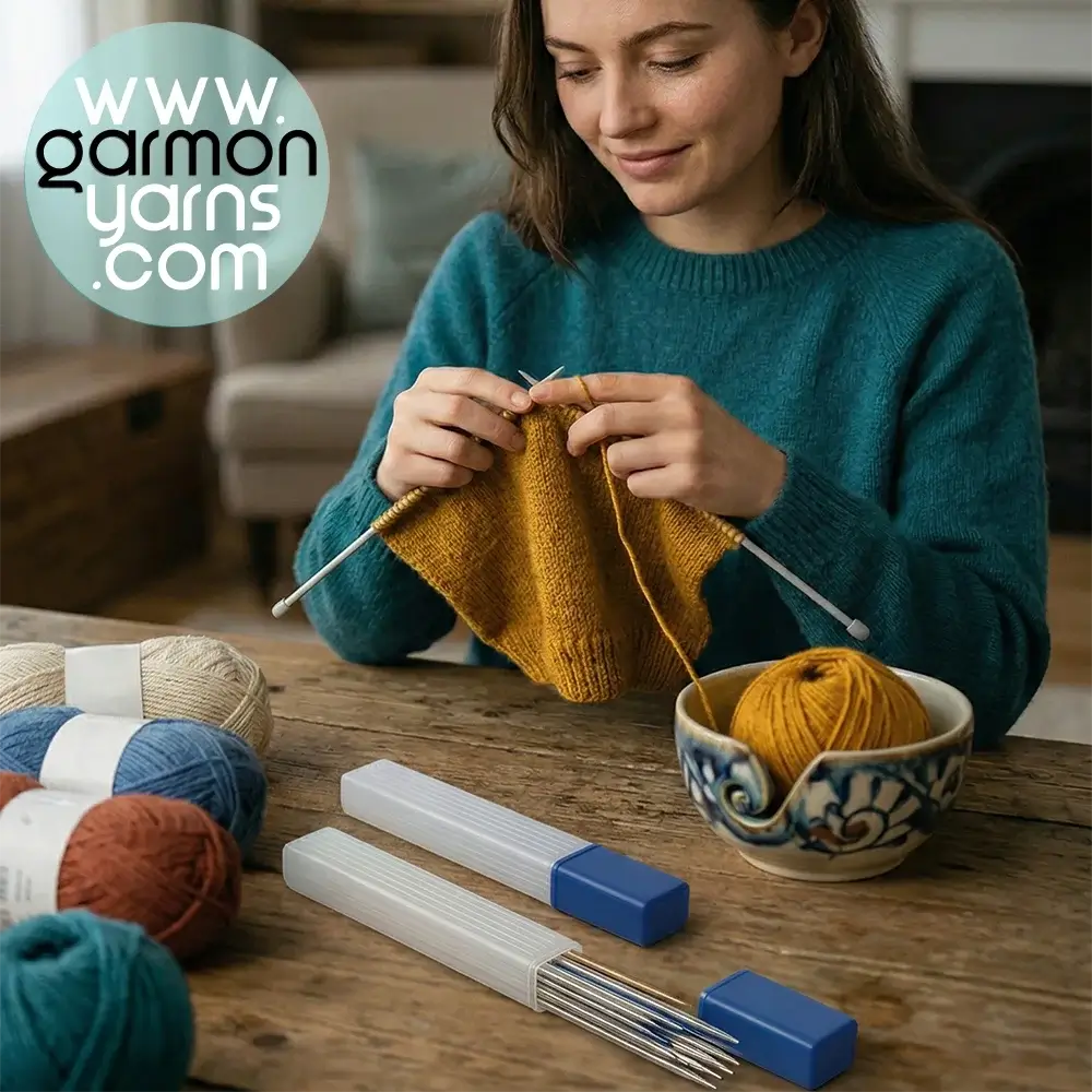 Mujer tejiendo una prenda a dos agujas junto a una mesa sobre la que hay varios ovillos de colores y dos estuches para guardar agujas largas.