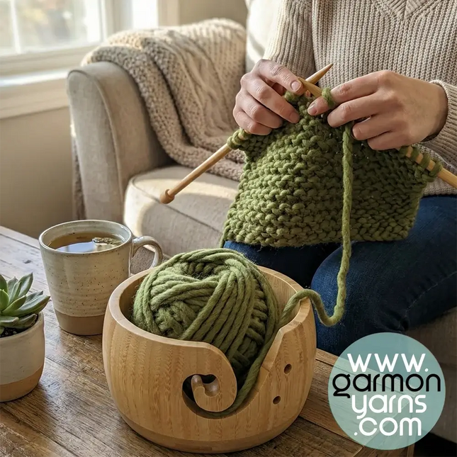 Cuenco de madera de bambú para lana - Garmon - Mujer tejiendo a dos agujas con ovillo verde dentro de cuenco de madera de bambú