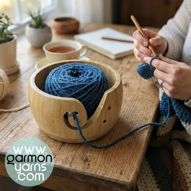 Cuenco de madera de bambú para lana - Garmon - Mujer tejiendo con ovillo azul dentro de cuenco de madera de bambú