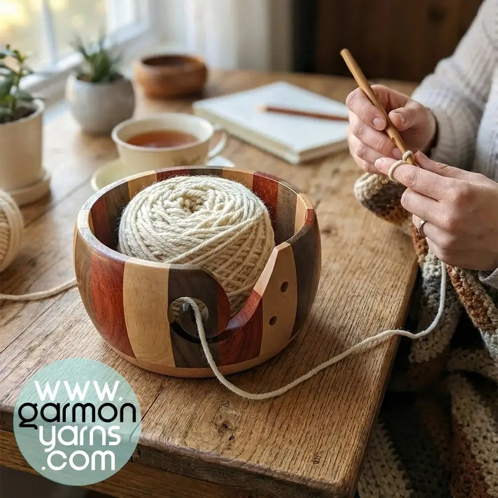 Cuenco de madera de tricolor para lana - Garmon - Mujer tejiendo y usando el cuenco