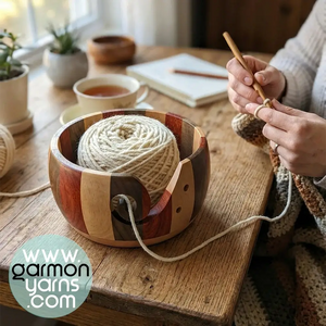 Cuenco de madera de tricolor para lana - Garmon - Mujer tejiendo y usando el cuenco