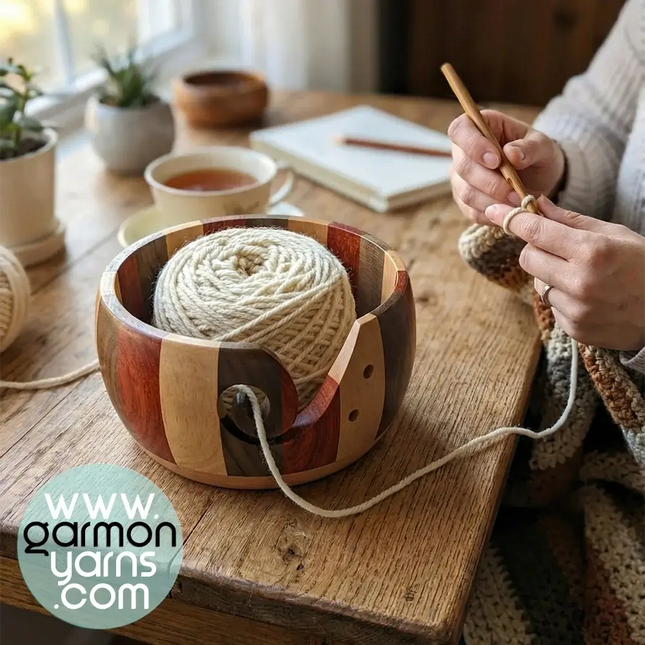 Cuenco de madera de tricolor para lana - Garmon - Mujer tejiendo y usando el cuenco