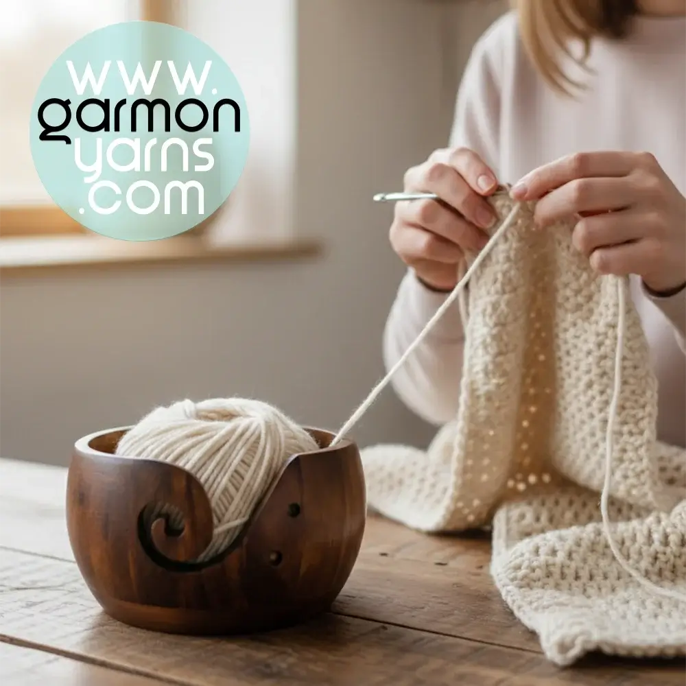 Cuenco para lana de madera de pino oscurecida - Garmon - Cuenco en primer plano con cake pequeño de lana color crema sobre una mesa, con señora tejiendo una prenda
