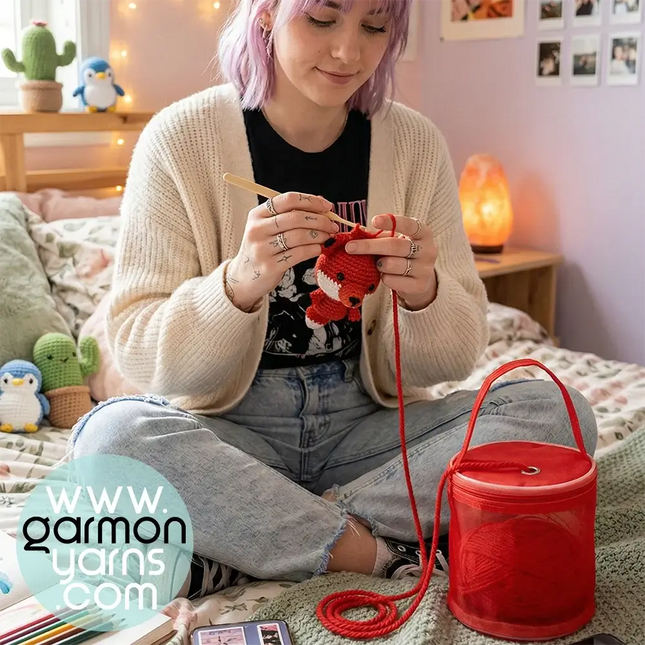 Bolsa dispensadora de lana - Garmon - Chica joven en su cama tejiendo amigurumi con bolsa de lana roja