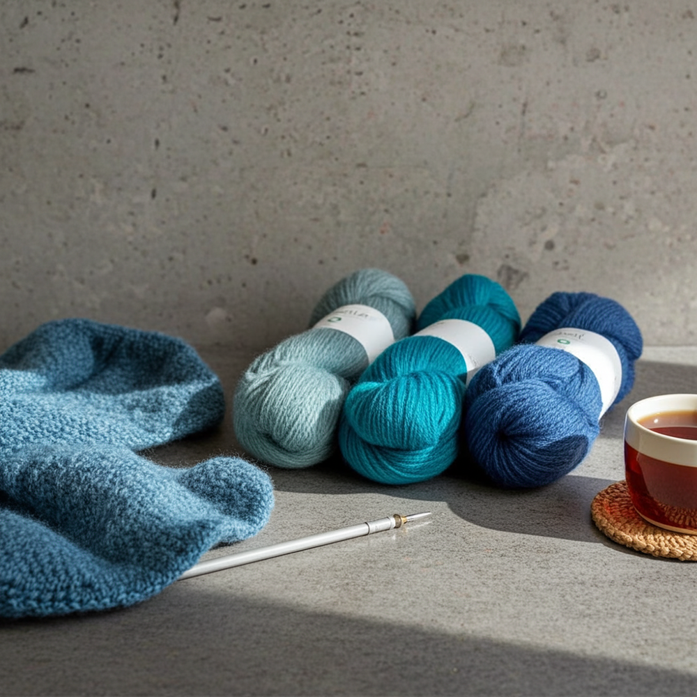 BC GARN - Bio Shetland GOTS - Madejas junto a una prenda tejida en una encimera de cemento