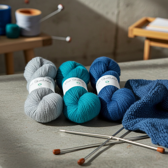 BC GARN - Bio Shetland GOTS - Madejas azules junto a una prenda tejida y varias agujas en una encimera de cemento