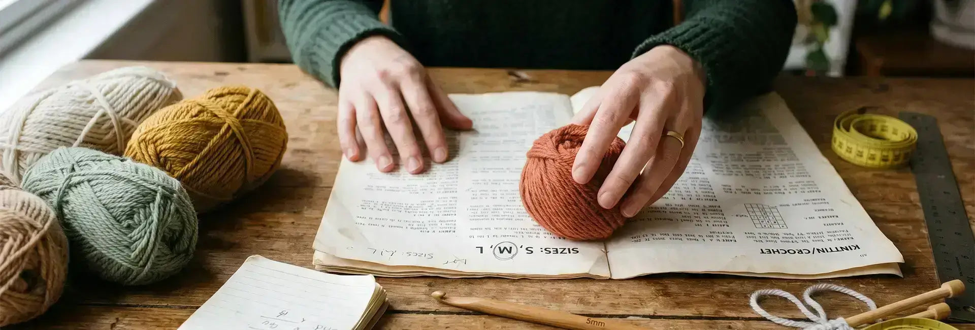 Imagen de fondo: una mesa con varios ovillos de diferentes colores. Las manos de una mujer sobre un folleto de un patrón y un ovillo en la mano. Un bloc de notas con los cálculos del número de vellos para la talal M.