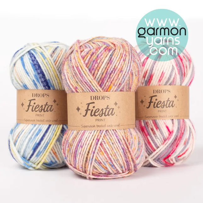 Drops Fiesta - lana para calcetines - Imagen principal con 3 ovillos de diferentes colores variados