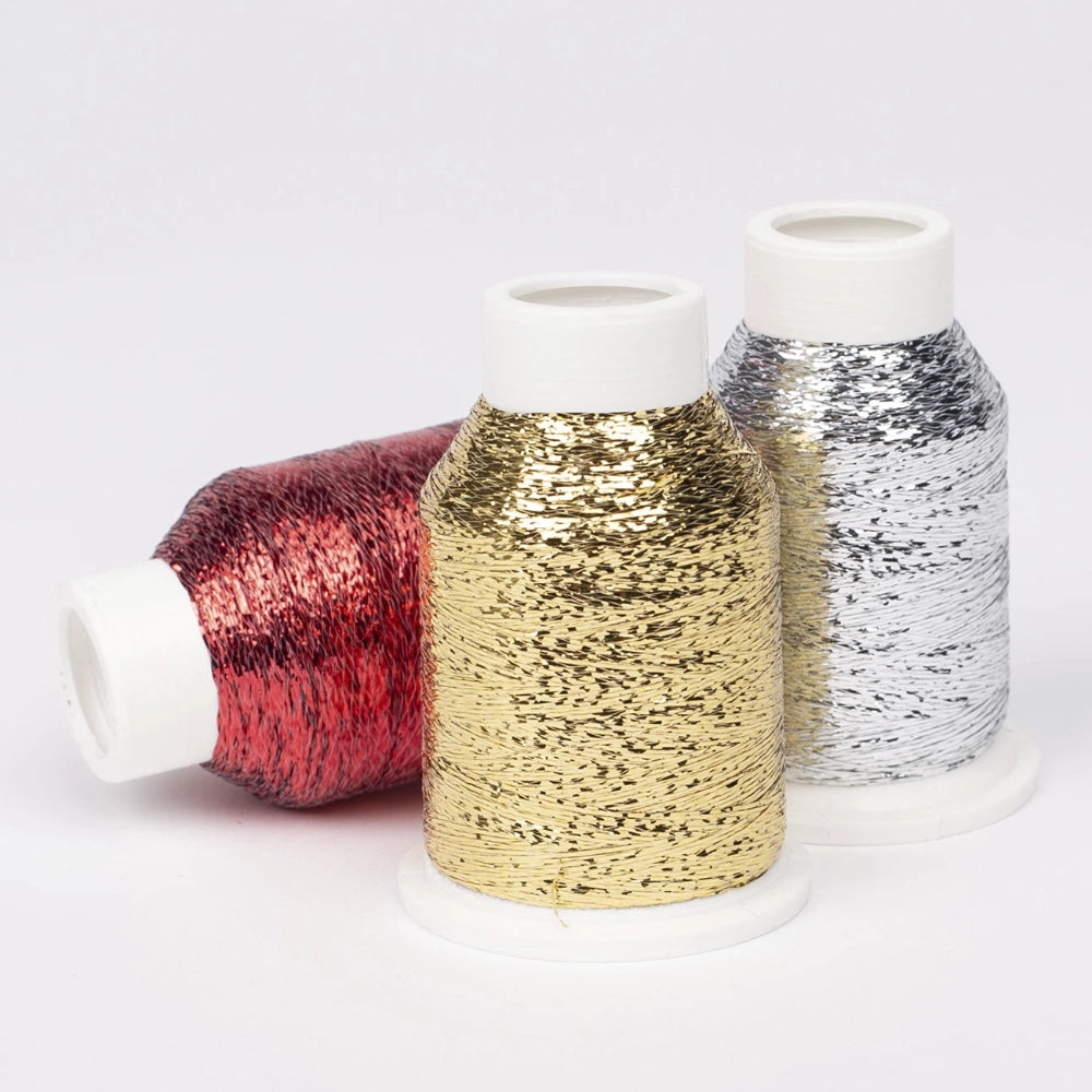 3 conos de hilo metalizado Drops Glitter en color oro, plata y rojo