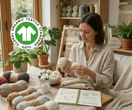 Mujer observando un ovillo de hilo de algodón con certificación GOTS. Junto a una mesa con varios ovillos y un cuaderno con patrones.