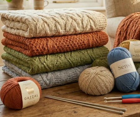 4 mantas apiladas en colores gris, crema, terracota y verde; junto a ellas, varios ovillos de Sensy y Gazzal