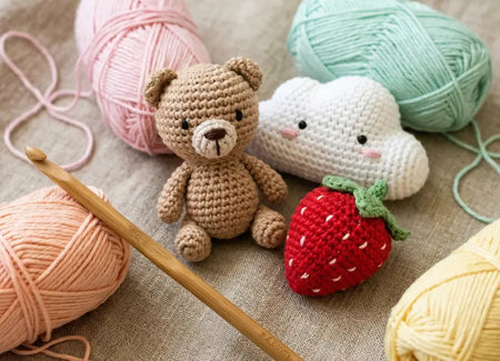 Varios amigurumis, un osito, una nube con ojos, una fresa y varios ovillos de colores y un ganchillo de bambú