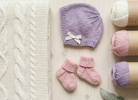 Sobre una mesa, una mantita de bebé, unos calcetines y un gorrito para bebé, junto a 3 ovillos de lana de colores pastel