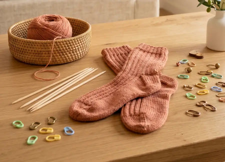 Un par de calcetines en color coral claro, junto a ellos un juego de 5 agujas de doble punta para hacer calceta y un cestillo con un ovillo del mismo color junto a un puñado de marcadores de puntos