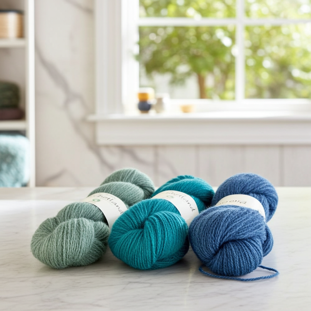 BC GARN - Bio Shetland GOTS - madejas azules sobre una mesa junto a una ventana