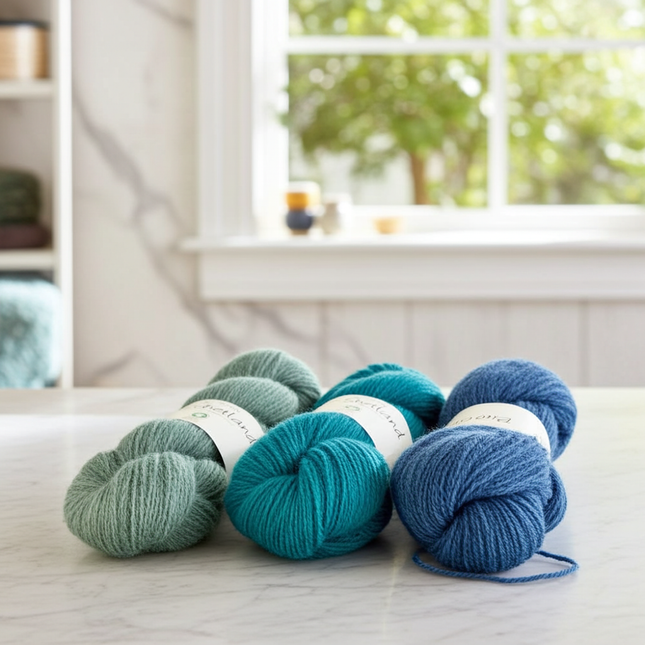 BC GARN - Bio Shetland GOTS - madejas azules sobre una mesa junto a una ventana