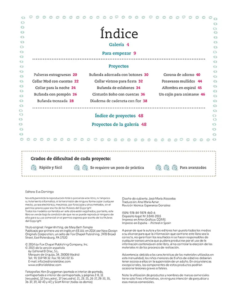 Tejer con los dedos: 14 proyectos fáciles y rápidos de complementos - Indice