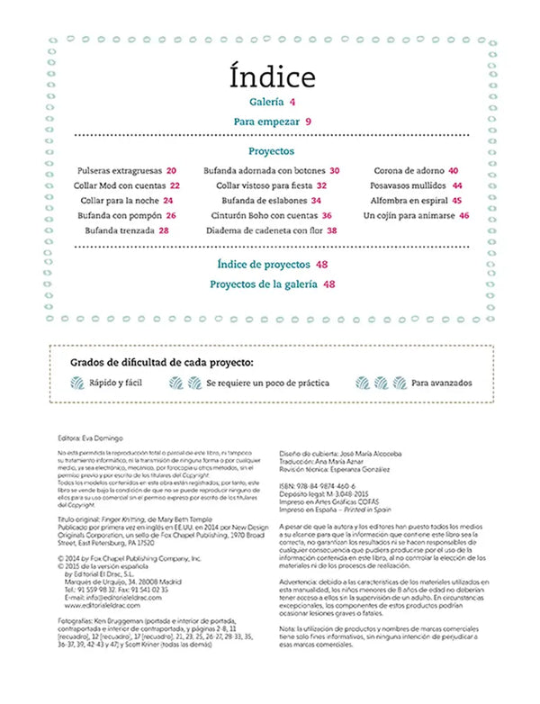 Tejer con los dedos: 14 proyectos fáciles y rápidos de complementos - Indice