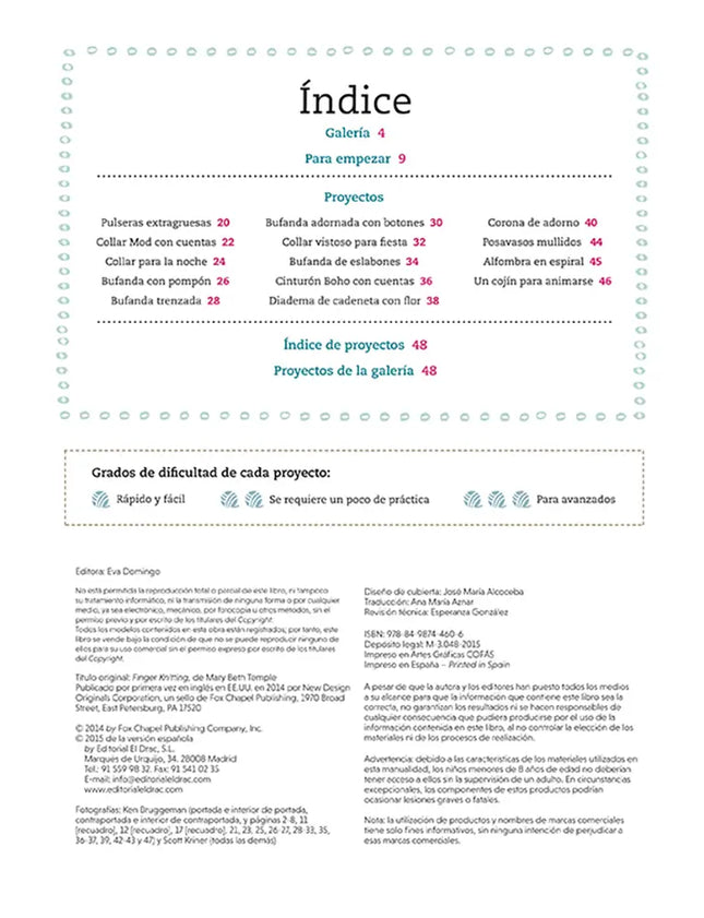 Tejer con los dedos: 14 proyectos fáciles y rápidos de complementos - Indice