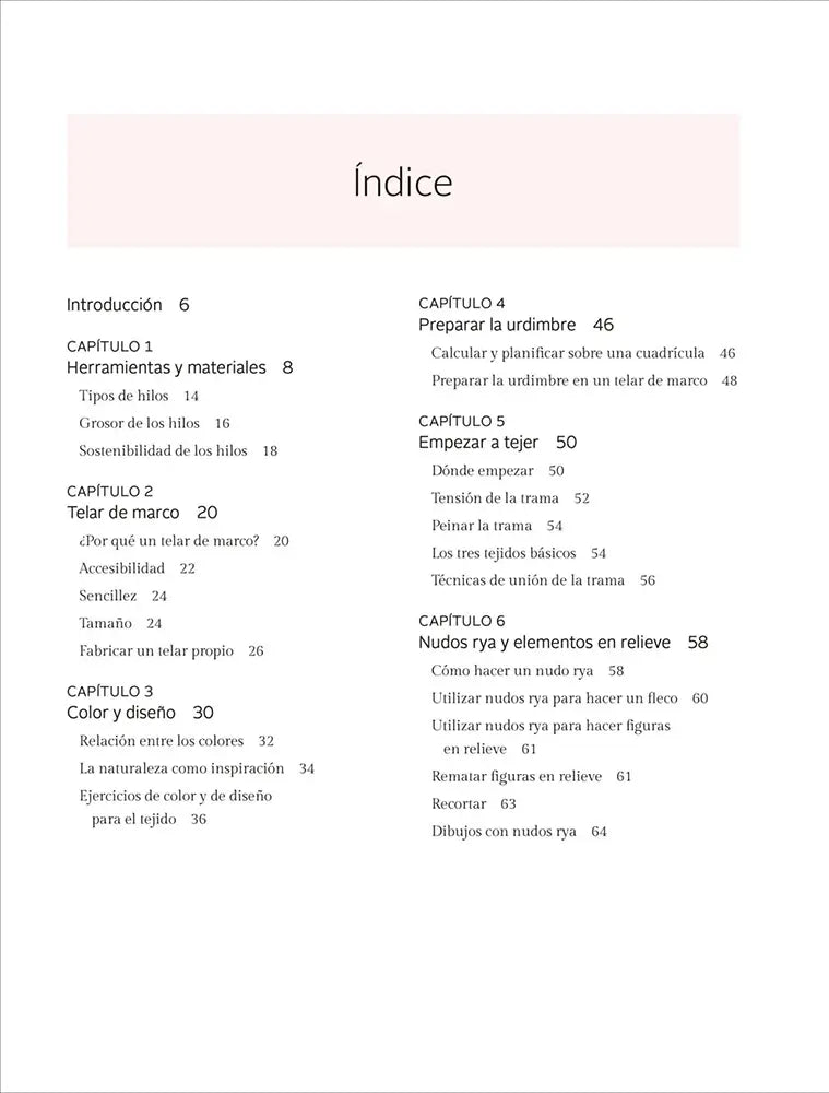 Libro Tejer en telar: Guía para hacer complementos y decorar la casa con diseños modernos - Indice 1