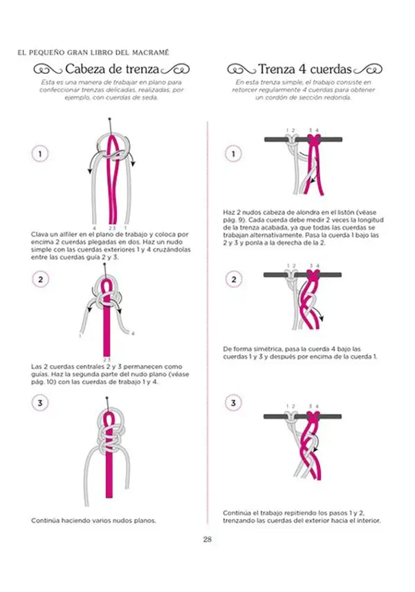 El pequeño gran libro del Macramé - Cabeza de trenza y Trenza 4 cuerdas