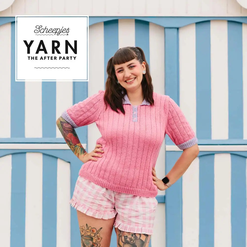SCHEEPJES - Scrumptious colour pack - Imagen de una chica con un suéter rosa de lana tejido con hilo Scrumptious