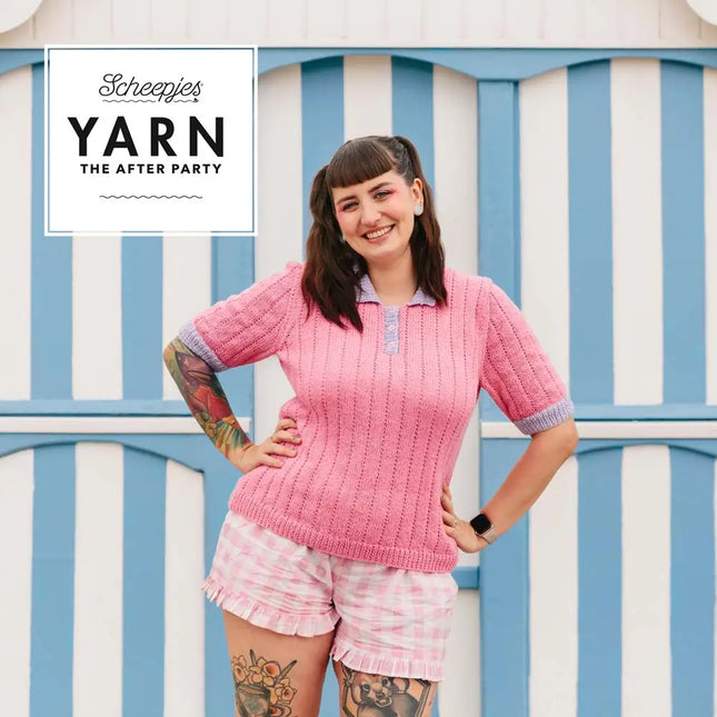SCHEEPJES - Scrumptious colour pack - Imagen de una chica con un suéter rosa de lana tejido con hilo Scrumptious