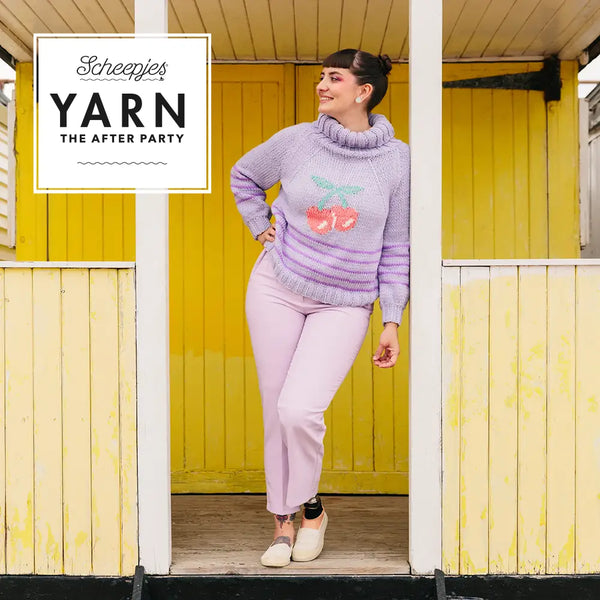 SCHEEPJES - Scrumptious colour pack - Imagen de una chica con un jersey lila de lana tejido con hilo Scrumptious